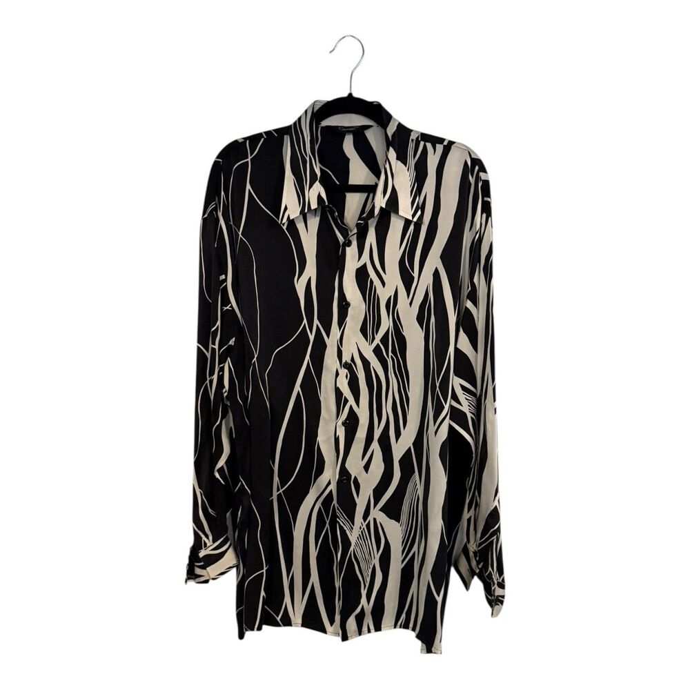 VINTAGE men's GENELLI Silk Button Down Shirt Long Sleeve Black & Ivory XXL